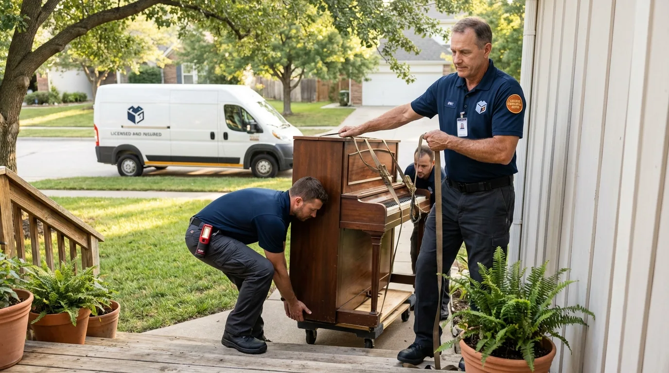 Licensed piano movers securing grand piano in Middleville, MI