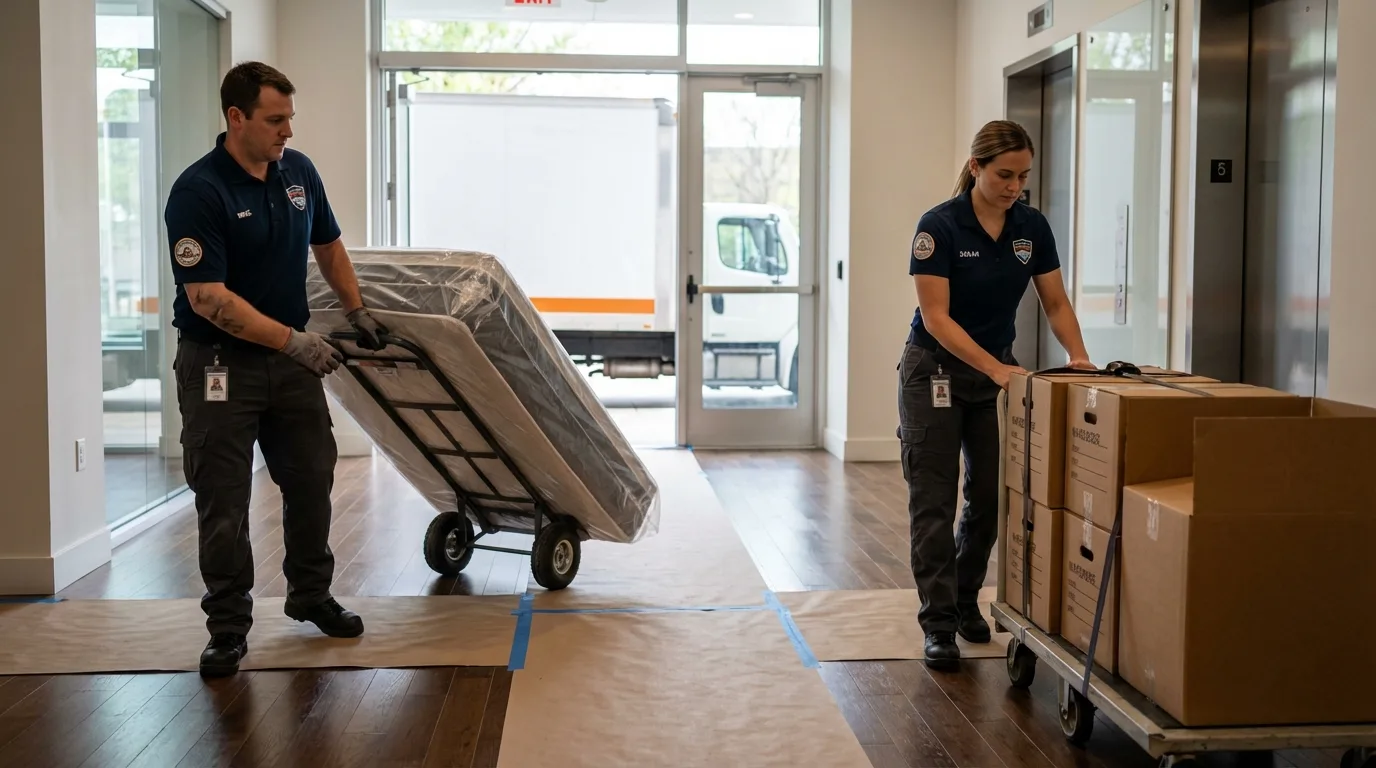 Professional apartment movers loading elevator in Middleville, MI
